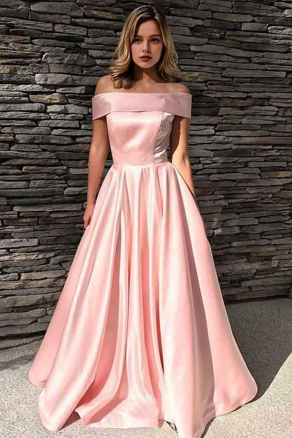 Vestido de fiesta Weitese de satén rosa con cola larga, hombros descubiertos y bolsillos.